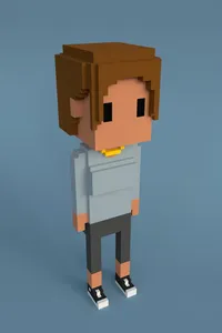 A voxel human figure with short brown hair, a blue-grey longsleeve shirt, grey calf-length pants, and Converse-style sneakers, wearing a gold necklace chain.