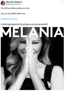 Tweet by Melania Trump: "The Official Melania Meme is live!

You can buy $MELANIA now.  

https://melaniameme.com
"

With a black and white photo of Melania Trump laughing, with her hands covering her mouth