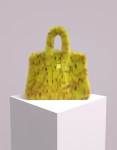 A digitally rendered handbag resembling a Birkin bag, which has been covered in faux fir with a yellow smiley face print