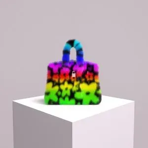 A rendering of a fuzzy Birkin-styled bag with rainbow-colored abstract flowers on a black background. The bag is sitting on a white museum pedestal.