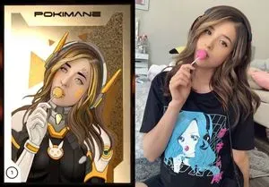 Side-by-side images showing an illustrated trading card of streamer Pokimane eating a lollipop, next to a photo of her from which the illustration was derived