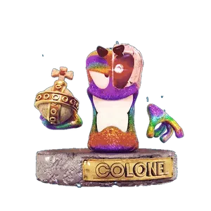 A glittery rainbow worms character, holding some sort of spherical object, on a base that says 'Colonel'