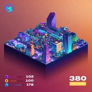 An isometric rendering of a square tile on which there are multiple city buildings including skyscrapers and futuristic structures, rendered in neon colors.