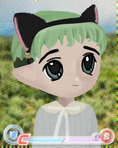 An anime style illustration of a person with green hair wearing a cat ears headband and light blue blouse with a peter pan style collar. At the bottom of the illustration are defense and attack points bars like in a card game.