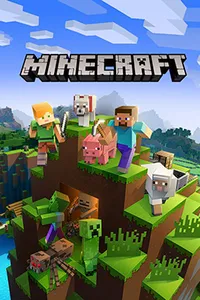 Cover of the video game Minecraft, showing a group of blocky characters standing on grassy ledges