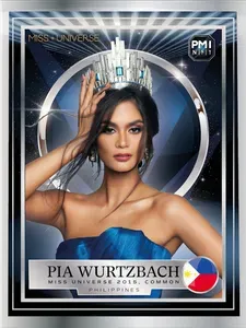 A trading card styled image depicting Miss Universe 2015, Pia Wurtzbach