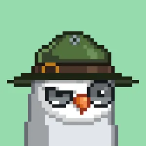 Pixel art of a white owl with one squinting eye, wearing a forest ranger hat, on a light green background