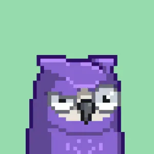 A purple pixel art owl with one squinting eye, on a green background