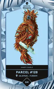 An illustration of an eagle sitting on a branch, on a trading card styled background. The card reads "Harpy Eagle, Parcel #128, -66.87661, -7.83341"