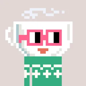 A pixel art illustration of a figure with a white teacup for a head, wearing boxy pink sunglasses and a green sweater