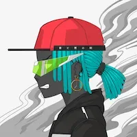 An illustration of a person in side profile, wearing a bright red baseball cap. They have dark grey skin and blue dreadlocks in a ponytail, and are wearing futuristic green glasses.