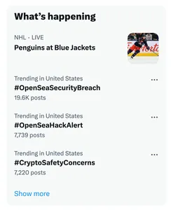 A screenshot of Twitter's trending topics sidebar, showing that #OpenSeaSecurityBreach, #OpenSeaHackAlert, and #CryptoSafetyConcerns were trending