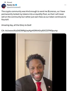 Tweet by Pastor Zo: "The crypto community was kind enough to send me $Lorenzo, so I have permanently locked my tokens into a Liquidity Pool, so that I will never sell on the community but rather just earn fees as our token continues to flourish!

Amazing day, all the Glory to God!"