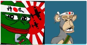 Two side-by-side images. On the left is a Pepe meme from 4chan, where Pepe is wearing a hachimaki reading "神風" ("kamikaze", but the characters are reversed in order). On the right is a Bored Ape wearing an identical hachimaki.