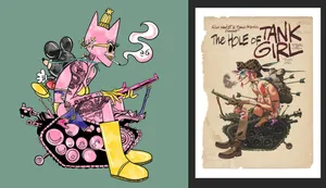 Two images: on the left, an illustration of a pink cat sitting on a tank; on the right, original Tank Girl artwork from which the cat artwork was traced