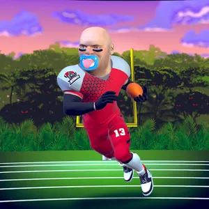 A 3D rendering of a football player running with a football, wearing a red uniform showing the number 13. He has a bald head and his tongue is sticking out.
