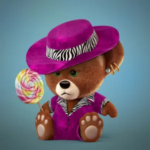 A 3D rendering of a brown fuzzy teddy bear, sitting, wearing a pink and zebra-print suit and hat, holding a spiral lollipop