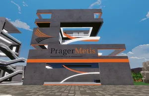 Prager Metis' headquarters in Decentraland, a blocky, slightly futuristic, grey and orange building with the Prager Metis logo
