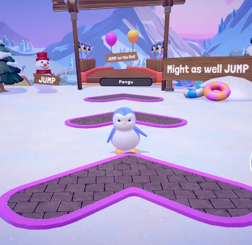 A penguin with a nameplate reading "Pengu" stands facing the viewer in a snowy battle royale environment. A snowman behind holds a sign reading "JUMP" and another sign reads "Might as well JUMP"