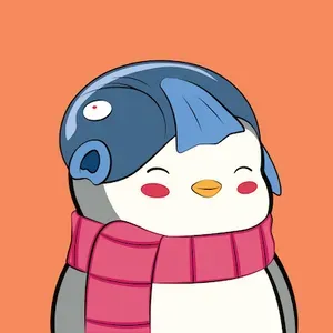 An illustration of a smiling penguin wearing a pink scarf with a blue dead fish on its head.