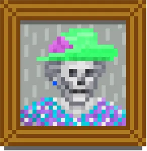 A pixel art illustration of Queen Elizabeth in skeletal form, inside a gilded frame