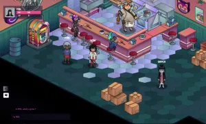 Pixel art characters stand in a bar setting with a tiled floor made from hexagons. There are cardboard boxes, a jukebox, and a cook behind the bar.