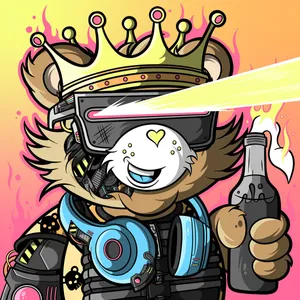 An illustration of a bear wearing a crown, with laser beams firing from its eyes, with headphones around its neck, holding a molotov cocktail