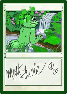 A trading card style image with an illustration of Pepe the Frog leaning on the edge of a pond, with his buttocks partially exposed. The text area of the card contains Matt Furie's signature.