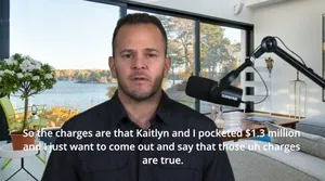 A still frame from a video of a man speaking to a camera, with the subtitles: "So the charges are that Kaitlyn and I pocketed $1.3 million and I just want to come out and say that those uh charges are true."
