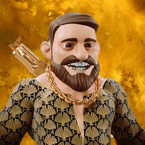 A 3D rendering of a dwarf figure with brown hair and a beard, wearing a gold chain and a shirt with gold shells printed on it. There is some sort of gold weapon slung on his back.