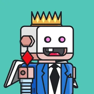 A doodle of a robot with a gold crown, a blue suit jacket over a white shirt and black tie, and pink eyes
