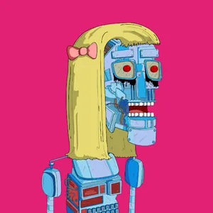 A blue robot with an open mouth and shoulder-length blonde hair with a pink bow, on a pink background