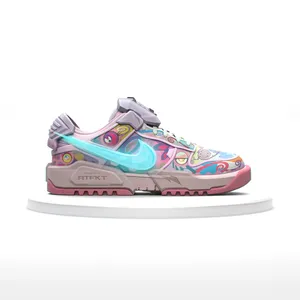 A rendering of a futuristic sneaker with a glowing blue "swoosh" logo, and pastel graffiti style art on the rest