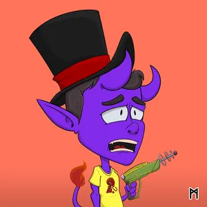 A purple-skinned devil wearing a top hat, making a worried face, wearing a yellow t-shirt with a red female devil on it, and holding a sci-fi blaster gun