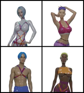 A grid of four rendered humanoid figures with very shiny skin. The women have large breasts and tiny waists, the man is muscular and slim. The top left woman is wearing a shiny white bodysuit and an iridescent complex harness around her breasts and midsection. The top right woman is wearing a translucent pink bra with large nipple rings, and fishnet pantyhose under purple pants. The bottom left man is wearing no shirt but an iridescent chest harness, and ashiny blue bottoms. The bottom right woman is wearing a very small orange crop top that reveals the bottom half of her breasts, tiny orange underwear, and a translucent pink waist harness.