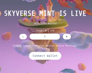 Fake mint website, showing the text "SKYVERSE MINT IS LIVE 4062/5555 minted Total: 0.1 ETH Connect Wallet"