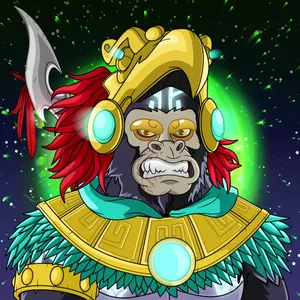 A grimacing monkey wearing a golden eagle cowl with blue feathers and red feathers, with a galaxy behind it
