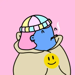 A simple illustration of a blue blob shape wearing a rainbow pastel beanie and beige hoodie with a yellow smiley face on it, smoking a cigarette.