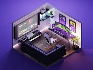 A rendering of a small room, with a desk with a large monitor and computer tower, an L-shaped couch, and a large TV on one wall.