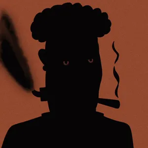 A sillhouette of a human figure on a red-brown background. The figure has an afro and what appears to be a steam valve on their neck, and is smoking a cigar.