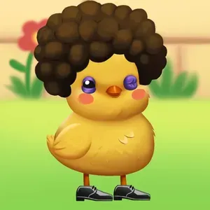 An illustration of a yellow chick with a large brown afro, bruised eyes, and black dress shoes