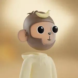 3D rendering of a monkey with a banana stuck to its forehead, wearing a yellow hoodie