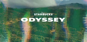 A glitchy photograph of a coffee farm, with the text "Starbucks Odyssey" atop it in white capitals