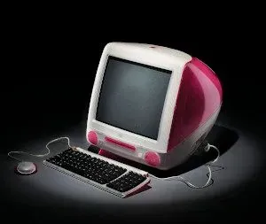 A strawberry-colored iMac from 2000