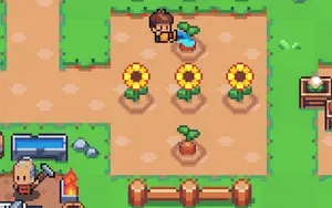 A pixel art game screenshot where a character is watering sunflowers