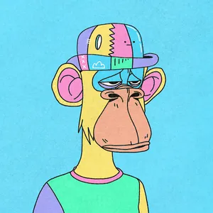 A colorful pastel Bored Ape illustration with half-lidded eyes, wearing a bowler hat and t-shirt