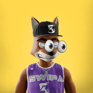 A 3D fox wearing a black ball cap and purple basketball jersey reading "Swipa". His eyes are popping out like in a cartoon.