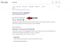 A screenshot of Google results for the search "astorport" showing an advertisement resembling the proper Google result, with an arrow reading "SCAM"