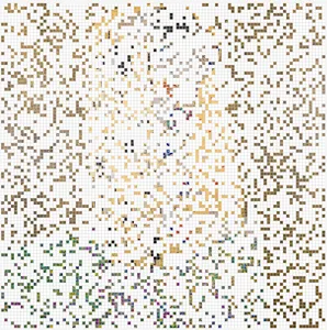 A grid of pixels representing each of the 10,000 NFTs forming Klimt's The Kiss. About 75% of them, representing unsold NFTs, are missing.