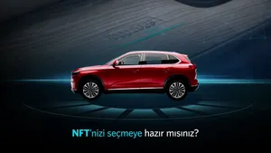 Rendering of a red SUV-style car, with text below it reading, "NFT'nizi seçmeye hazır mısınız?"
